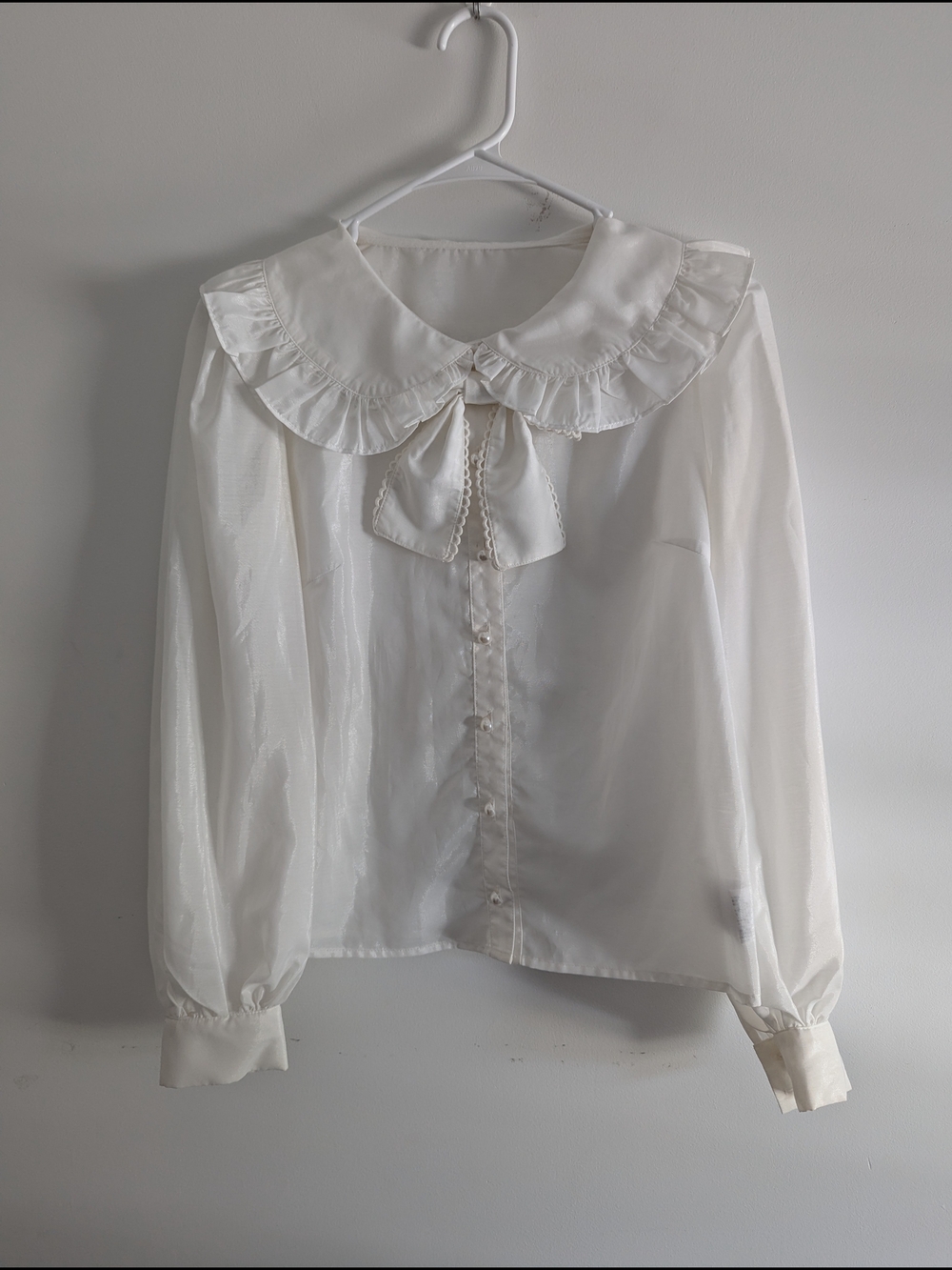 Japanese Sheer White Ruffled Collar Blouse with Bow Size Small